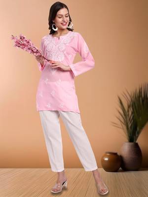Hand embroidered baby pink cotton lucknowi chikankari short kurti/top 4