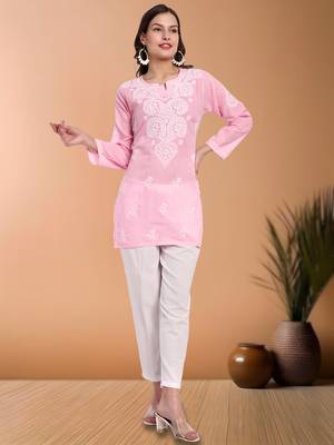 Hand embroidered baby pink cotton lucknowi chikankari short kurti/top 5