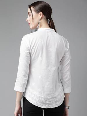 Hand embroidered white cotton lucknowi chikankari shirt 2