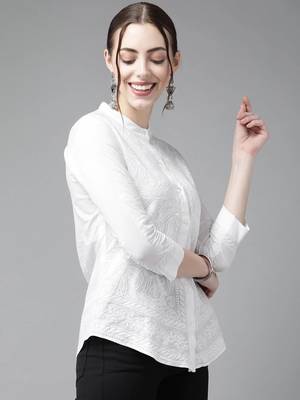 Hand embroidered white cotton lucknowi chikankari shirt 3
