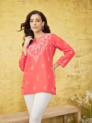 Hand embroidered carrot pink cotton lucknowi chikankari short kurti/top 1