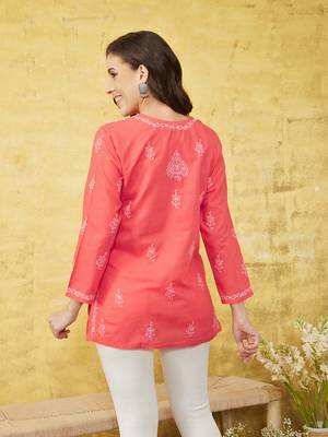 Hand embroidered carrot pink cotton lucknowi chikankari short kurti/top 3