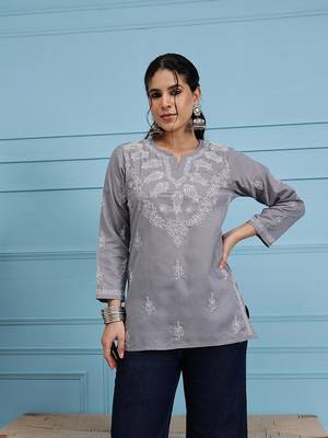 Hand embroidered grey cotton lucknowi chikankari short kurti/top 1