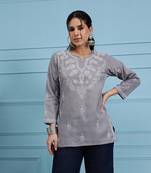 Hand embroidered grey cotton lucknowi chikankari short kurti/top