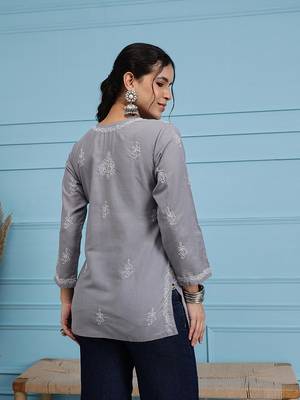 Hand embroidered grey cotton lucknowi chikankari short kurti/top 2