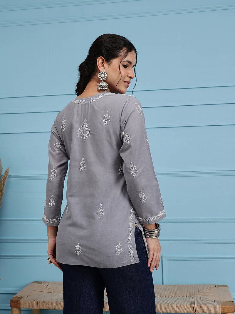 Hand embroidered grey cotton lucknowi chikankari short kurti/top