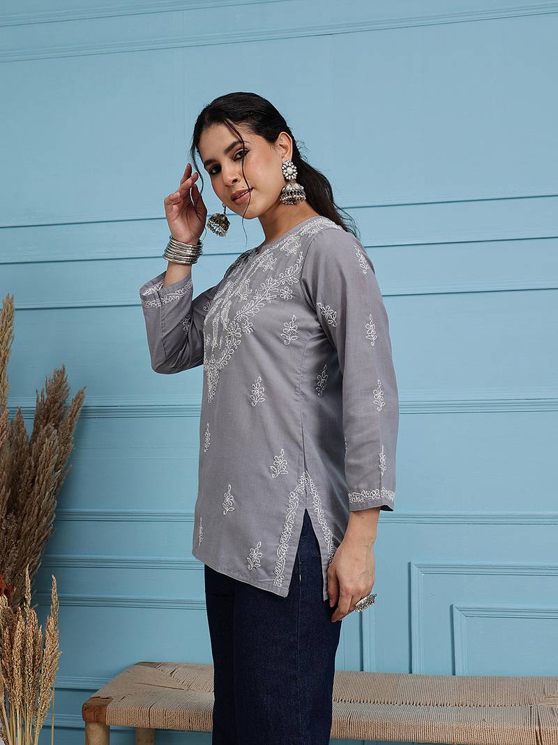 Hand embroidered grey cotton lucknowi chikankari short kurti/top