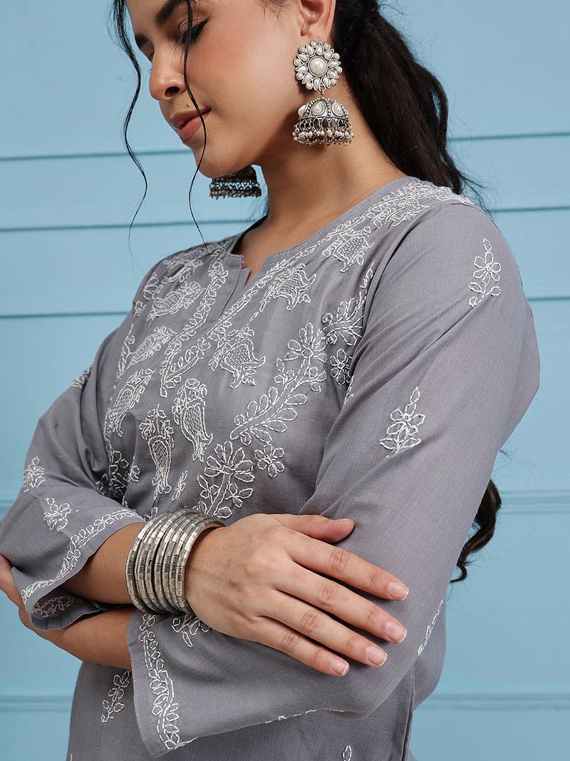 Hand embroidered grey cotton lucknowi chikankari short kurti/top