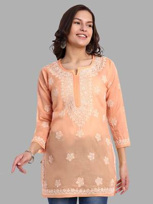 Hand embroidered crayola peach cotton lucknowi chikankari short kurti 1