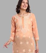 Hand embroidered crayola peach cotton lucknowi chikankari short kurti