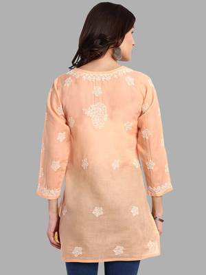Hand embroidered crayola peach cotton lucknowi chikankari short kurti 2