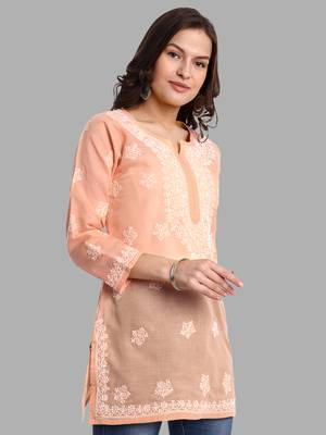 Hand embroidered crayola peach cotton lucknowi chikankari short kurti 3