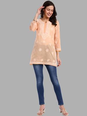Hand embroidered crayola peach cotton lucknowi chikankari short kurti 4
