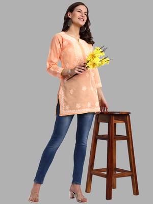 Hand embroidered crayola peach cotton lucknowi chikankari short kurti 5