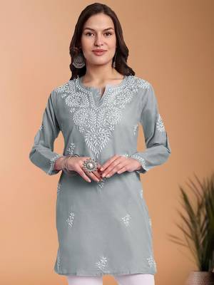 Hand embroidered grey cotton lucknowi chikankari short kurti/top 1
