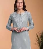 Hand embroidered grey cotton lucknowi chikankari short kurti/top