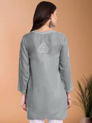 Hand embroidered grey cotton lucknowi chikankari short kurti/top 2