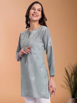 Hand embroidered grey cotton lucknowi chikankari short kurti/top 3