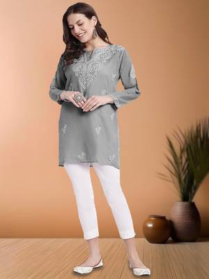 Hand embroidered grey cotton lucknowi chikankari short kurti/top 4