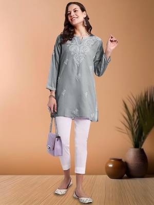 Hand embroidered grey cotton lucknowi chikankari short kurti/top 5
