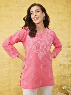 Hand embroidered carrot pink cotton lucknowi chikankari short kurti/top 1
