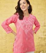 Hand embroidered carrot pink cotton lucknowi chikankari short kurti/top