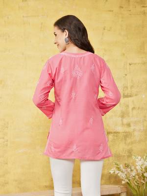 Hand embroidered carrot pink cotton lucknowi chikankari short kurti/top 3
