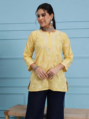 Hand embroidered yellow cotton lucknowi chikankari short kurti/top 1