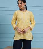 Hand embroidered yellow cotton lucknowi chikankari short kurti/top