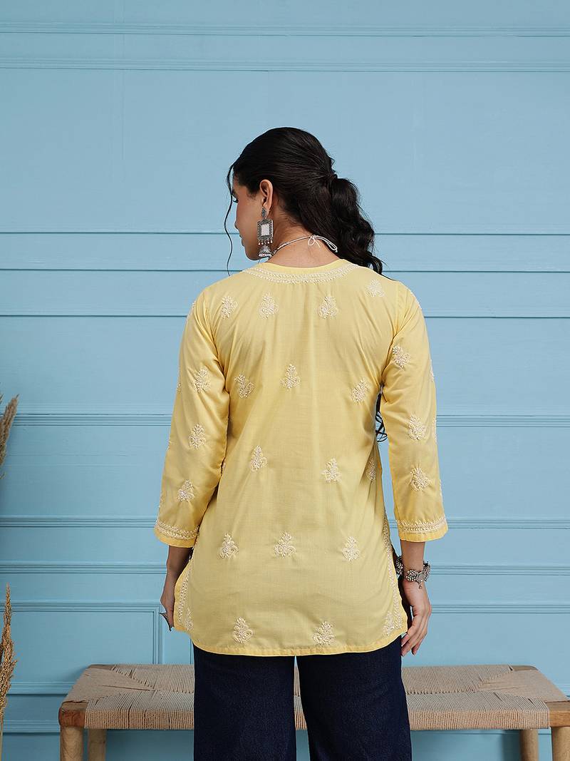 Hand embroidered yellow cotton lucknowi chikankari short kurti/top