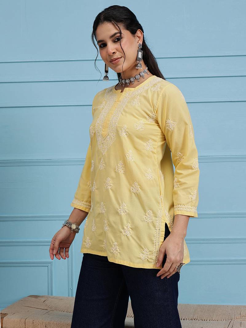 Hand embroidered yellow cotton lucknowi chikankari short kurti/top