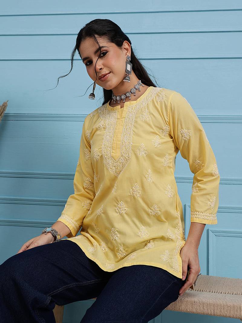 Hand embroidered yellow cotton lucknowi chikankari short kurti/top