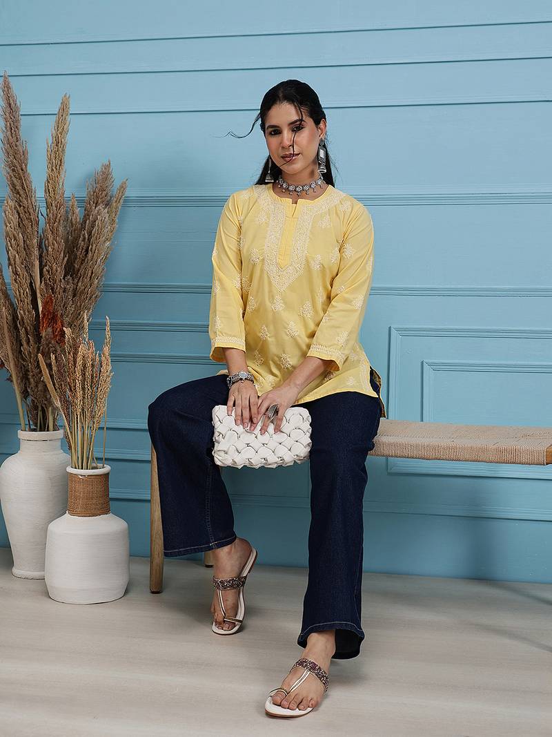 Hand embroidered yellow cotton lucknowi chikankari short kurti/top