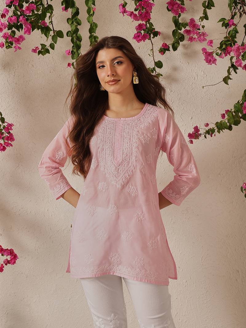 Hand embroidered pink cotton lucknowi chikankari kurti