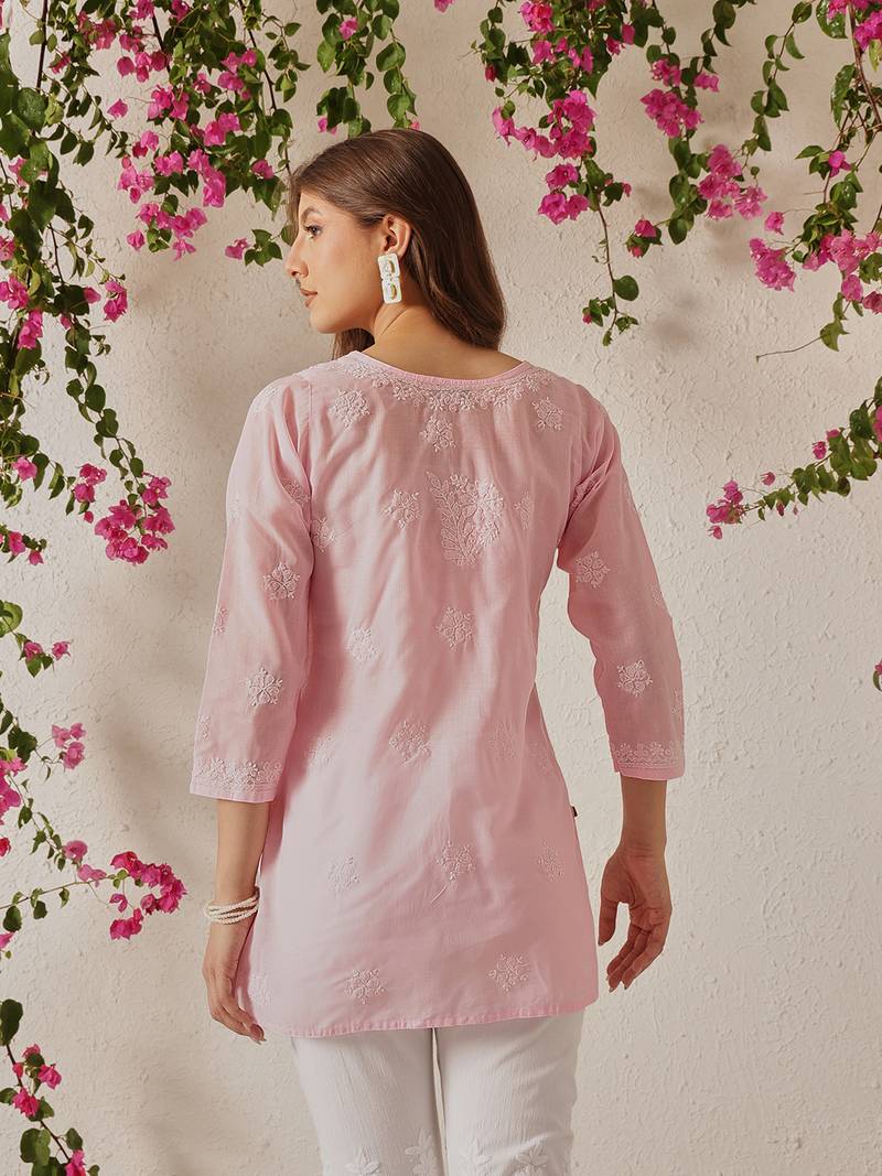 Hand embroidered pink cotton lucknowi chikankari kurti