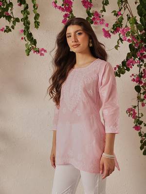 Hand embroidered pink cotton lucknowi chikankari kurti 3