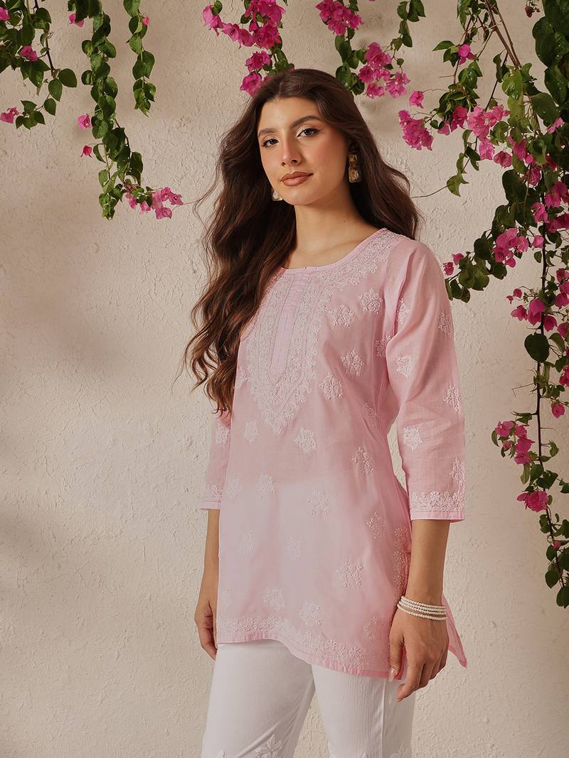 Hand embroidered pink cotton lucknowi chikankari kurti