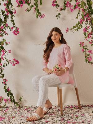 Hand embroidered pink cotton lucknowi chikankari kurti 4