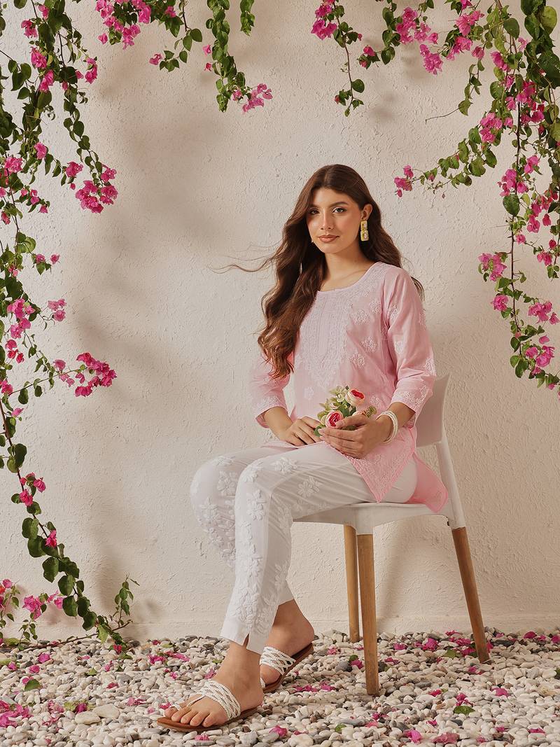 Hand embroidered pink cotton lucknowi chikankari kurti