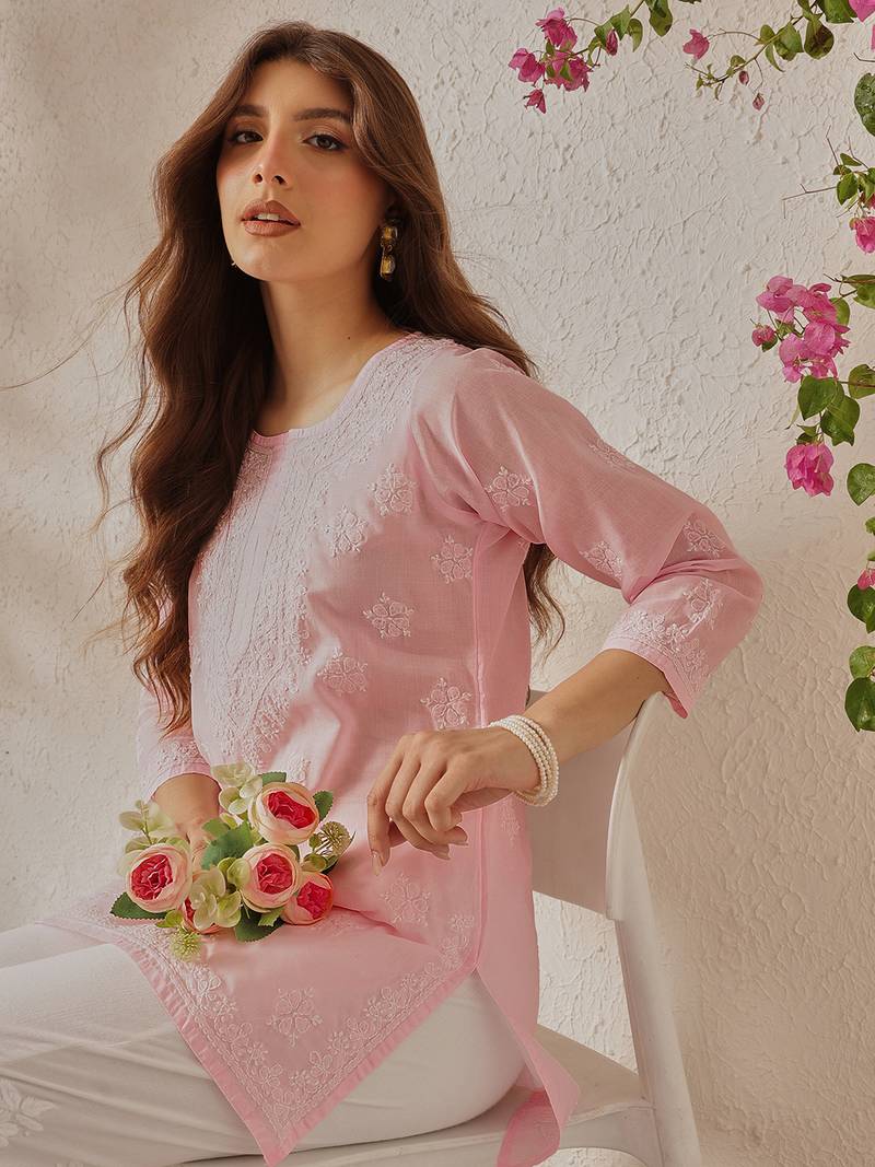 Hand embroidered pink cotton lucknowi chikankari kurti