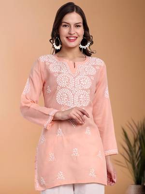 Hand embroidered peach cotton lucknowi chikankari short kurti/top 1