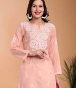 Hand embroidered peach cotton lucknowi chikankari short kurti/top