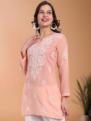 Hand embroidered peach cotton lucknowi chikankari short kurti/top 3