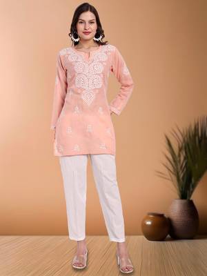 Hand embroidered peach cotton lucknowi chikankari short kurti/top 4