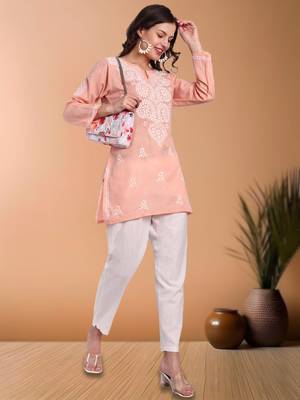 Hand embroidered peach cotton lucknowi chikankari short kurti/top 5