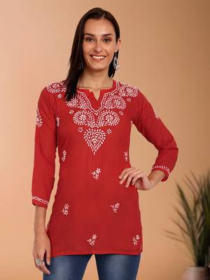 Hand embroidered red cotton lucknowi chikankari short kurti/top 1