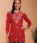 Hand embroidered red cotton lucknowi chikankari short kurti/top