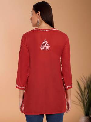 Hand embroidered red cotton lucknowi chikankari short kurti/top 2