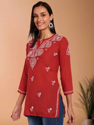 Hand embroidered red cotton lucknowi chikankari short kurti/top 3