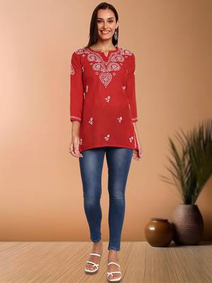 Hand embroidered red cotton lucknowi chikankari short kurti/top 4